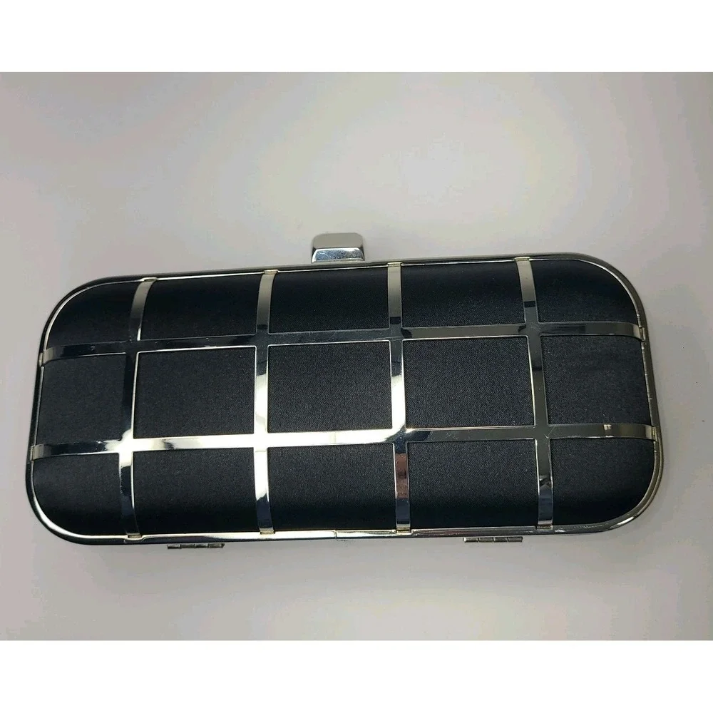 Glint Black Satin Clutch Silver Grid Frame Evening Bag Formal Wedding Goth